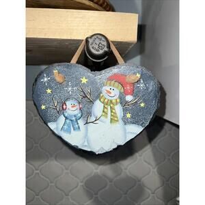 Heart Shaped Slate Wall Hanging Piece Painted W/Winter Scene Snowmen Holiday